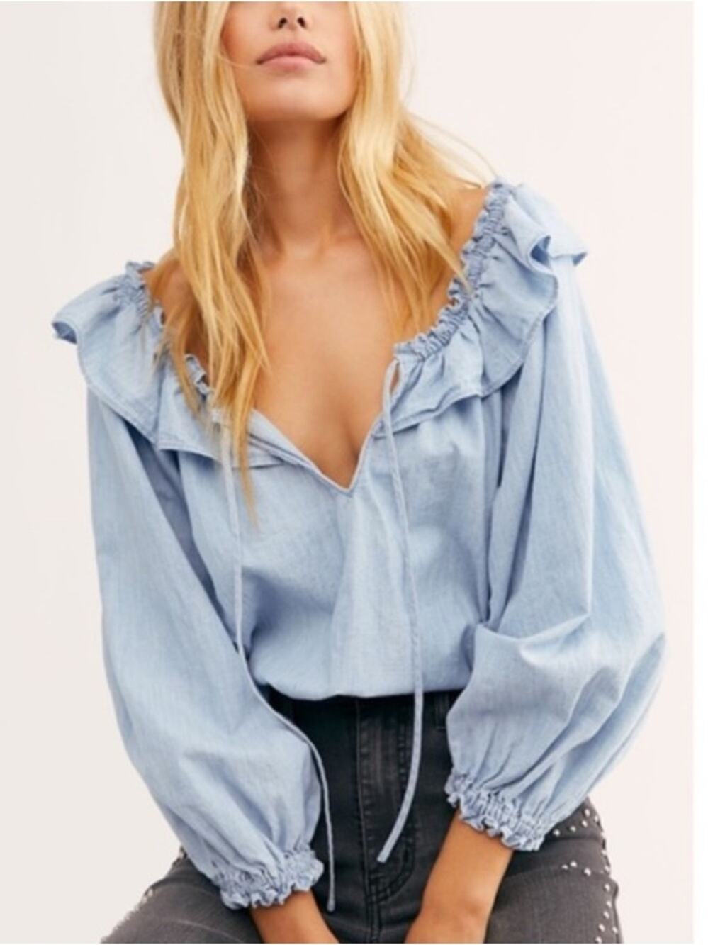 Free People Lilly Of The Valley Light Blue Cotton Blouse Ruffle Collar Neck XS